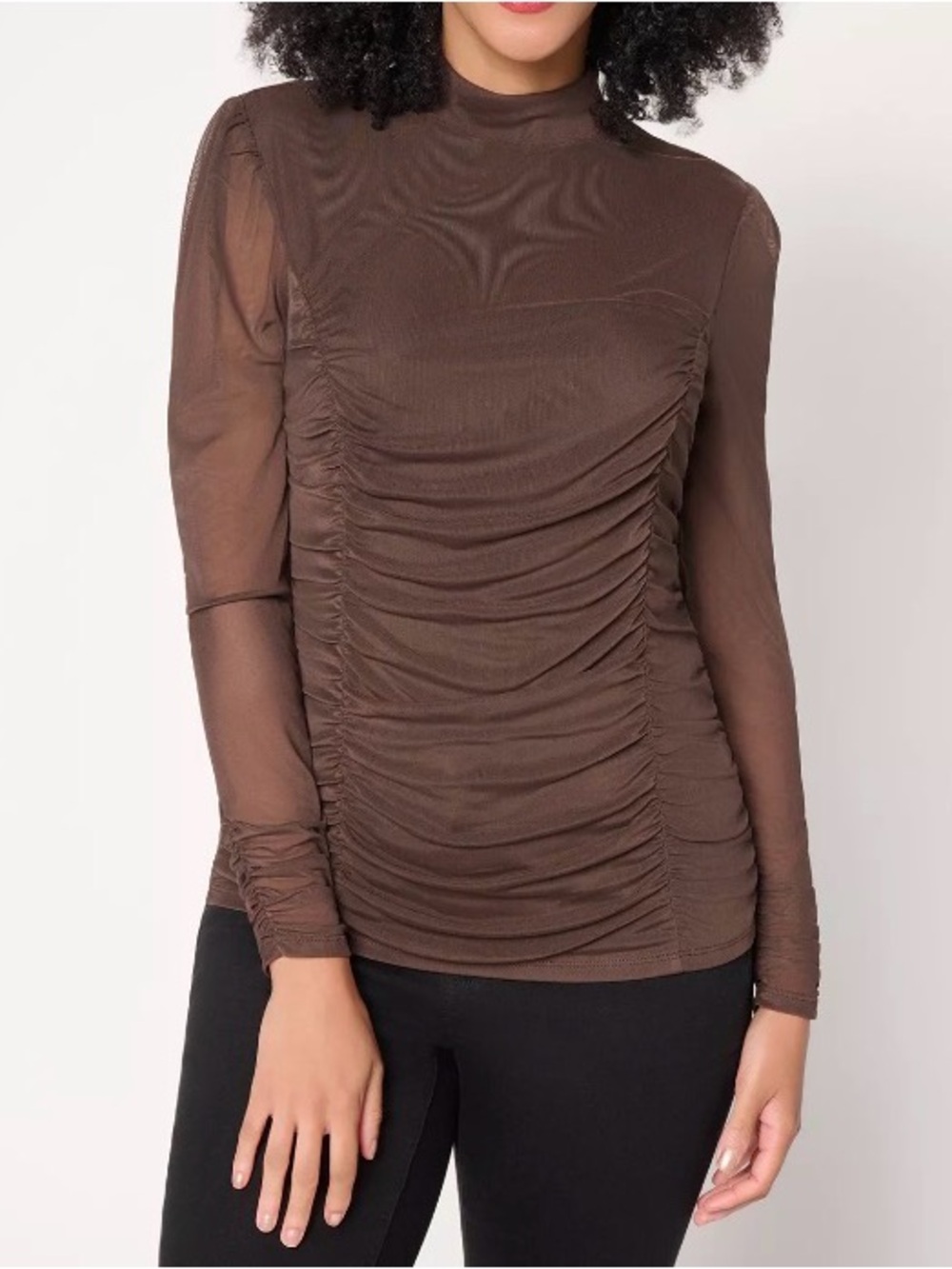 Mally Roncal Illusion Ruched Mock Neck Top Dark Roast Brown Size XX-Small NWT